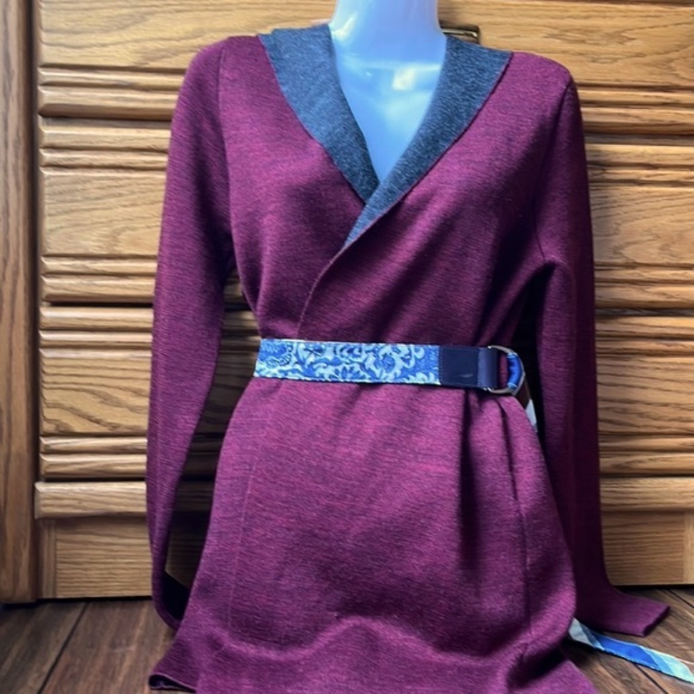 📸 Max Studio • Hooded Wool Open Front Red & Grey Cardigan • Women's size Small S